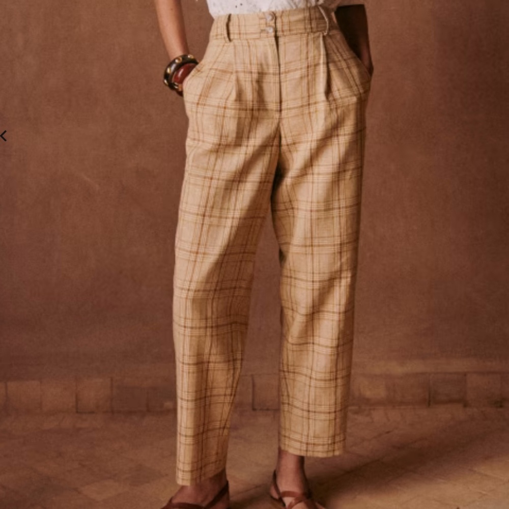 Sezane Cyprien Plaid Cropped Trousers Ochre Check Print US Size 8 / 40 French